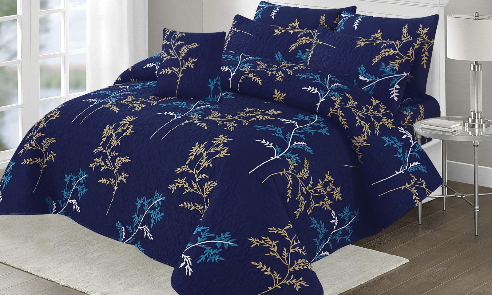 Luxury 7-Piece Bedspread Set – Blue &amp; Camel